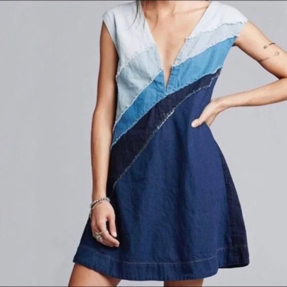 Free People - Size S Patchwork Colorblock Denim Dress - Picture 2 of 8